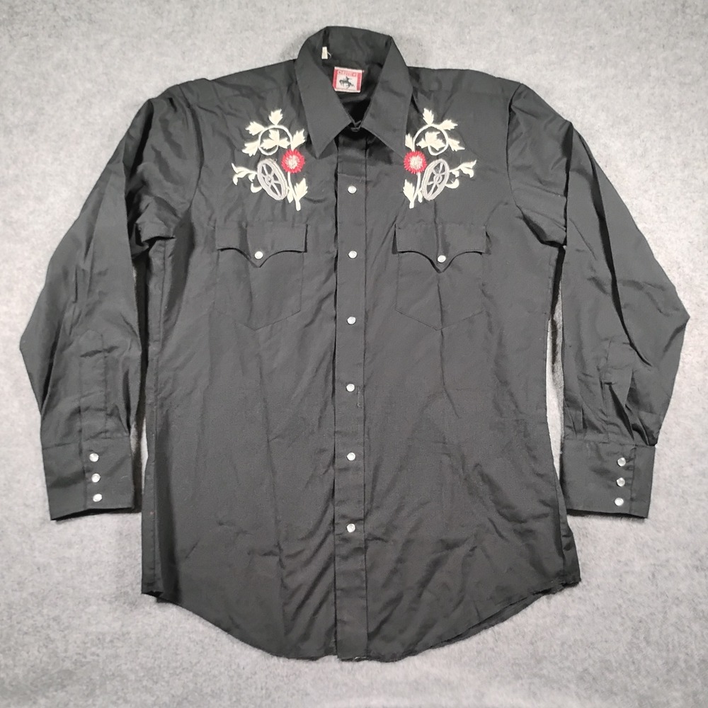 Chute #1 Men's Black Western Snap Shirt Embroidered Wagon Wheel Floral 16.5